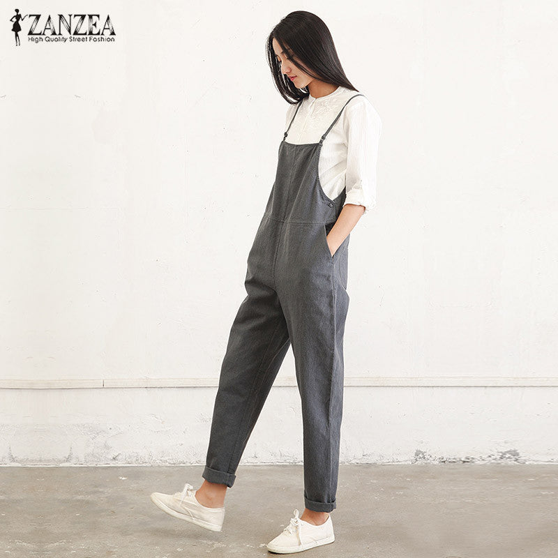 ZANZEA Playsuit Rompers Womens Jumpsuits Casual Pockets Sleeveless Strap Solid Loose Jumpsuit Summer Plus Size Ovearalls