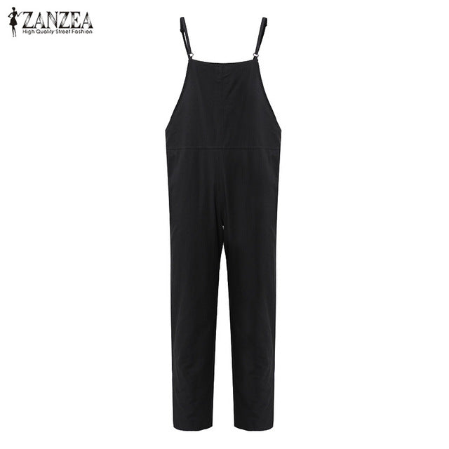 ZANZEA Playsuit Rompers Womens Jumpsuits Casual Pockets Sleeveless Strap Solid Loose Jumpsuit Summer Plus Size Ovearalls