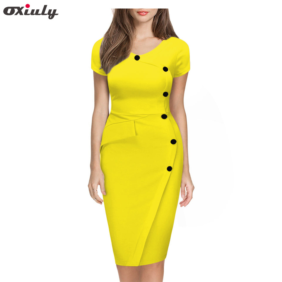 Oxiuly Summer Women Solid Black White Orange Green Dresses Casual O-Neck Bodycon Knee-Length Dress no Belt