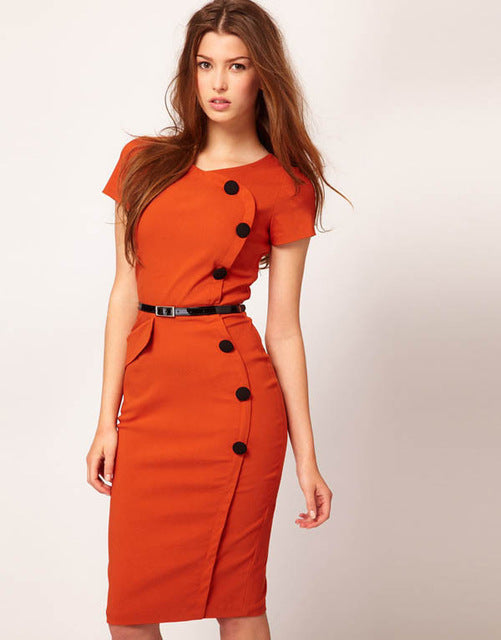 Oxiuly Summer Women Solid Black White Orange Green Dresses Casual O-Neck Bodycon Knee-Length Dress no Belt