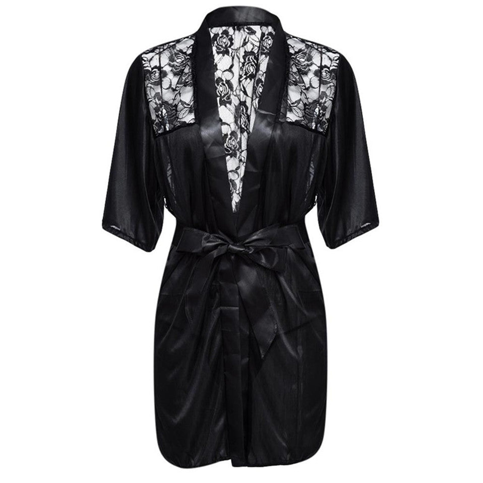 Lingerie Plus Size Satin Lace Black Kimono Intimate Sleepwear Robe   Night Gown Women   Underwear