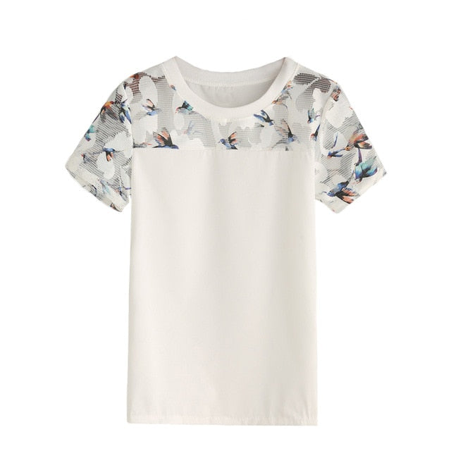 Women's White Bird Print Mesh Top