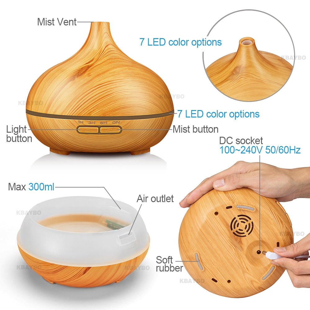 Ultrasonic Wood Grain Color Changing LED 300mL Oil Air Humidifier
