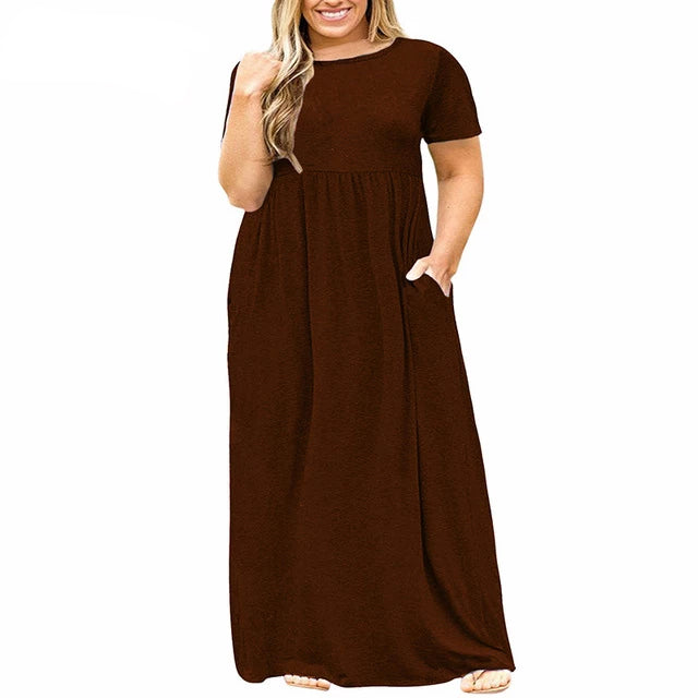 Women O-neck Short Sleeve Long Casual Dress Plus Size 7XL 8XL With Pockets Solid Vintage Maxi Dress