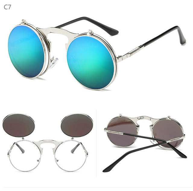 Round Steampunk Sunglasses Men Retro Small Flip Up Glasses for Women Double Lens Brand Spectacles Oculos uv400