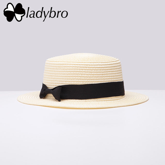 Ladybro Summer Women Boater Beach Hat Female Casual Panama Hat Lady Brand Classic Bowknot Straw Flat Sun Hat Women Fedora