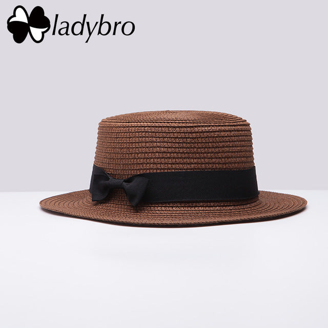 Ladybro Summer Women Boater Beach Hat Female Casual Panama Hat Lady Brand Classic Bowknot Straw Flat Sun Hat Women Fedora