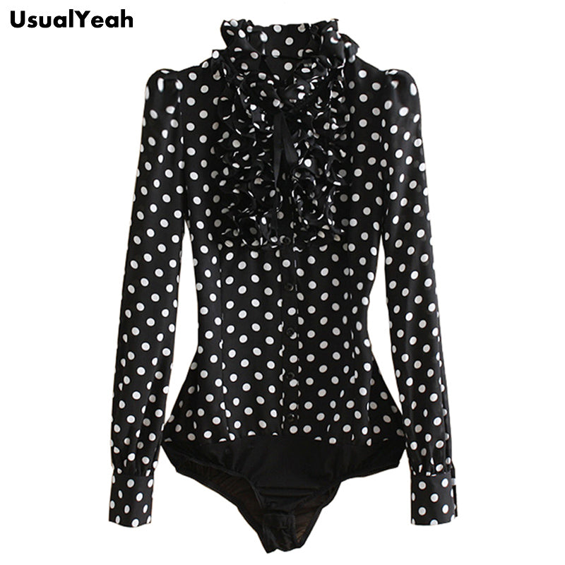 Fashion Korea Style Vintage Chiffon Polka Dots Women's Body Blouse Tops Shirt Stand Collar Ruffles S M L XL