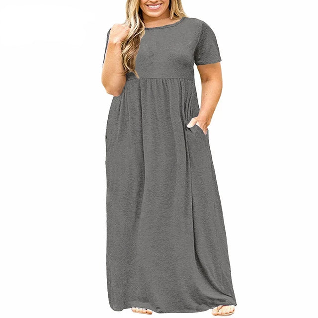 Women O-neck Short Sleeve Long Casual Dress Plus Size 7XL 8XL With Pockets Solid Vintage Maxi Dress