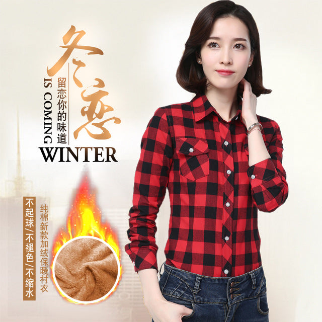 Women Winter Velvet Thick Keep Warm Plaid Blouses Long Sleeve Buttons Pocket Shirt Feminine Tops Shirts Checked Shirt Women