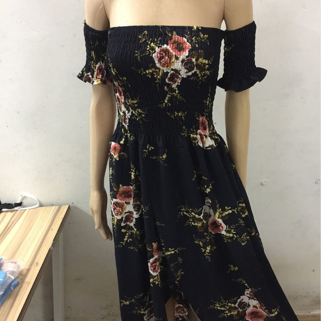 Dress Summer  Female Strapless Dress Ladies Chiffon Printed Furcal Beach Dress Maxi Long