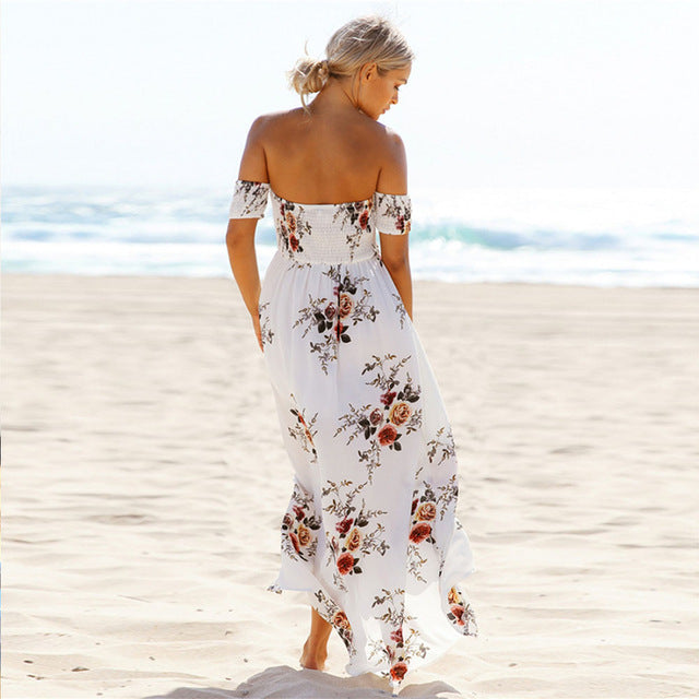 Dress Summer  Female Strapless Dress Ladies Chiffon Printed Furcal Beach Dress Maxi Long