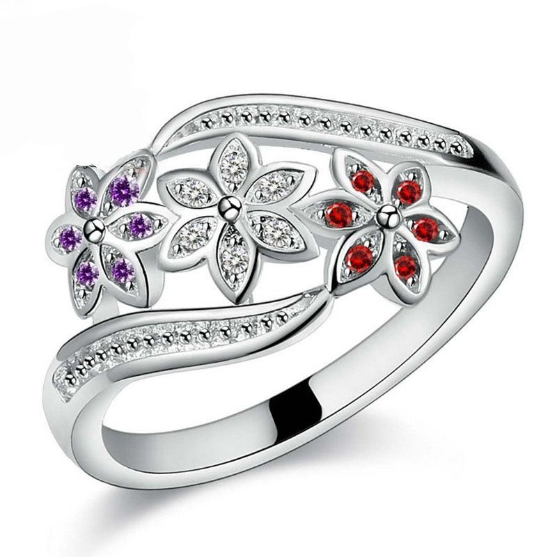 Funny Design Three Color CZ Flower Ring for Women Girls Fashion 925 Sterling Silver Ring Wedding Lady Jewelry Size 7 8 9