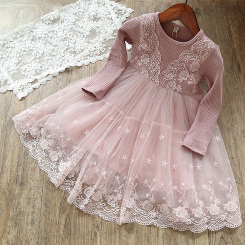 New Lace Flower Princess Dress Spring Girl Dress Winter Long Sleeve Three-Dimensional Petals Pompon Net Yarn Girls Clothes