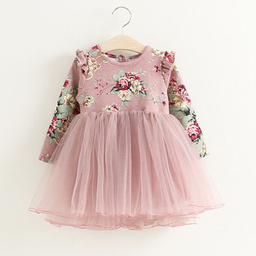 New Lace Flower Princess Dress Spring Girl Dress Winter Long Sleeve Three-Dimensional Petals Pompon Net Yarn Girls Clothes