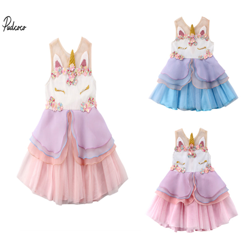 Cute Toddler Baby Girl Dresses Sleeveless Ruffle Unicorn Dress Princess Party Tulle Tutu Dress Sundress Kids Dress