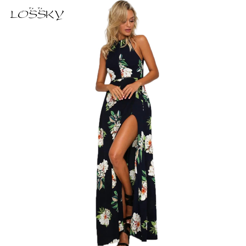 New  Floral Print Halter Chiffon Long Dress Women Backless Summer Maxi Dresses Vestidos   3 Colors Femme Split Beach Dress