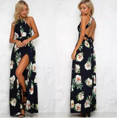 New  Floral Print Halter Chiffon Long Dress Women Backless Summer Maxi Dresses Vestidos   3 Colors Femme Split Beach Dress