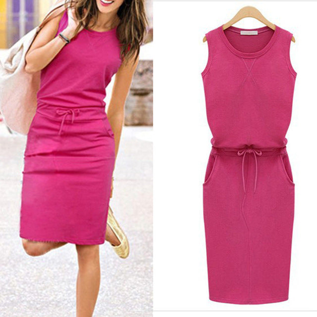 Summer Women Dress Fashion Solid Cotton Slim Fit Pockets Pencil Dresses Work Sleeveless   Casual Dress Robe Femme