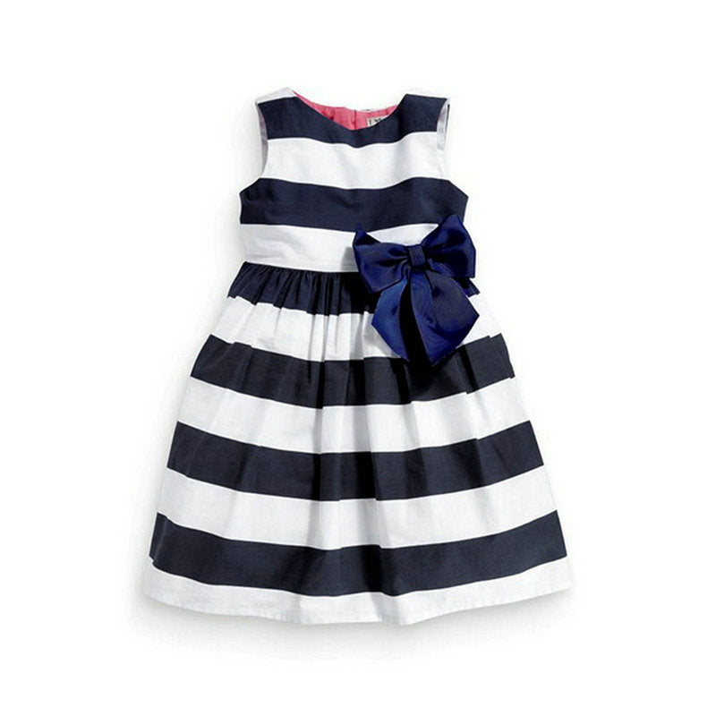 Baby Kid Girls Sleeveless One Piece Dress Blue Striped Bowknot Tutu Dresses Summer