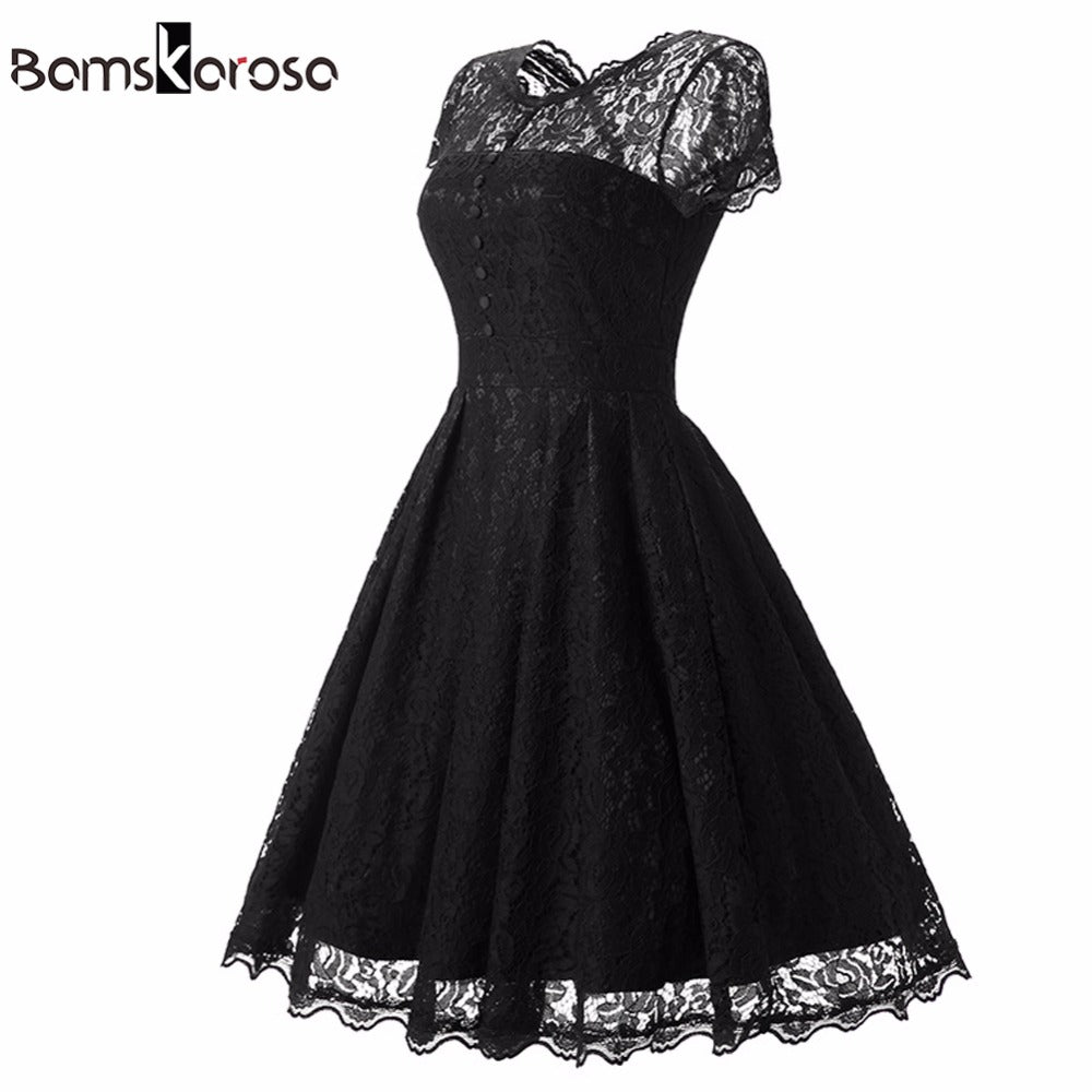 Summer Lace Dress Vintage O Neck Slim   Pin up Rockabilly Vestidos Party Black Lace Dresses