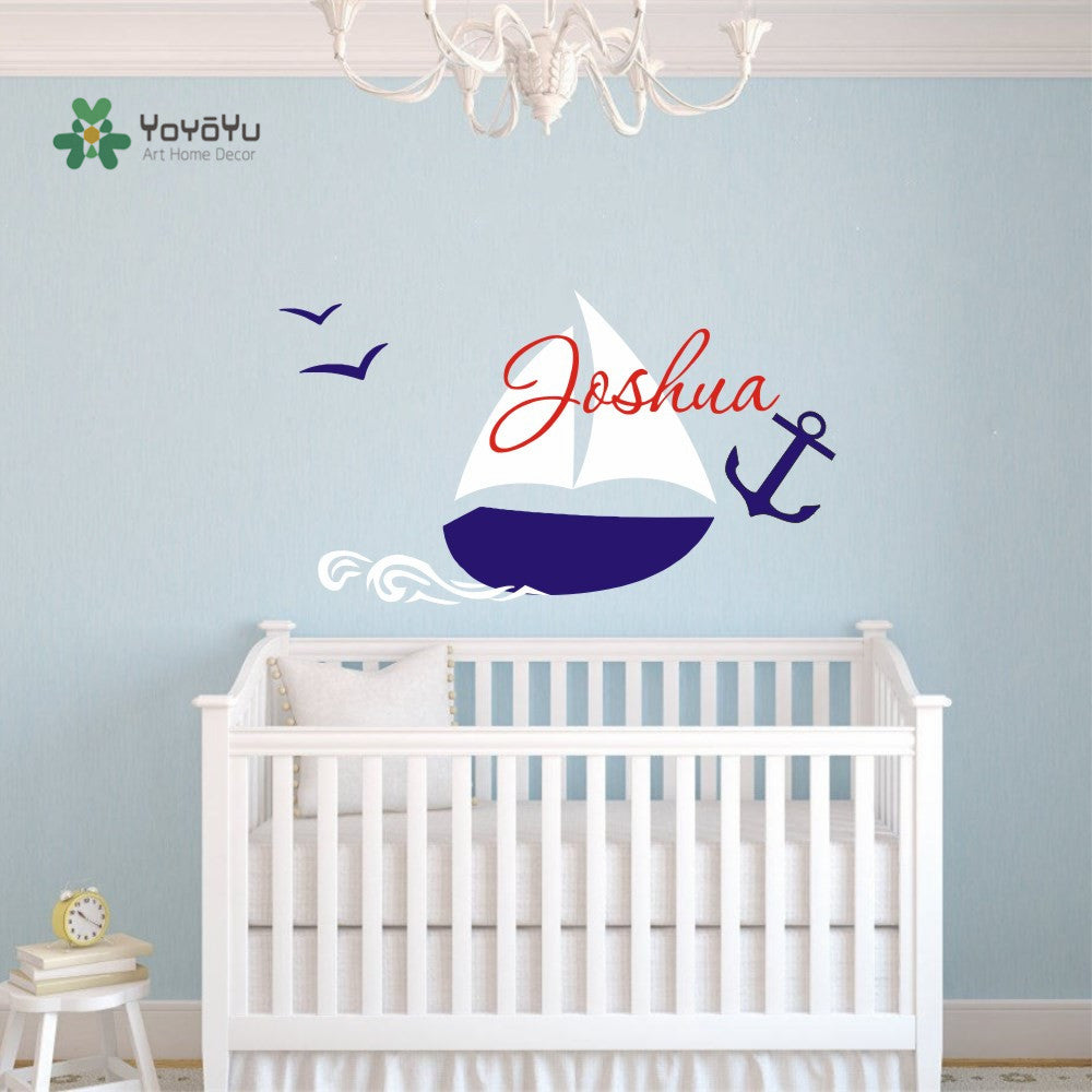 Custom Name Boys Room Nautical children name wall decal sailing boat wall sticker for boy nursery decor DIY home decoration D-50