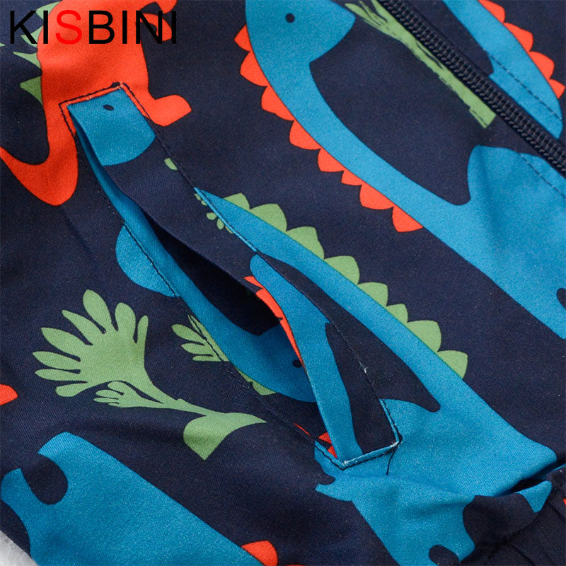 KISBINI Dinosaur Children's Windbreaker Autumn Casual Hooded Boys Jackets and Coats Kids Sports Active Outerwear Clothes