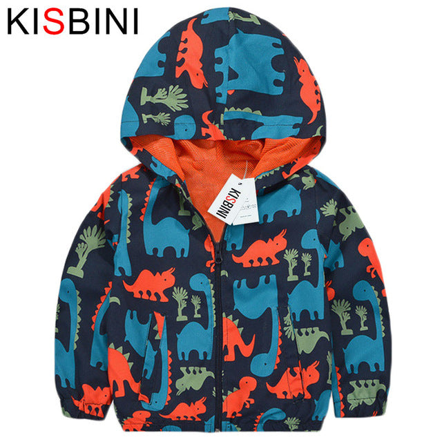 KISBINI Dinosaur Children's Windbreaker Autumn Casual Hooded Boys Jackets and Coats Kids Sports Active Outerwear Clothes