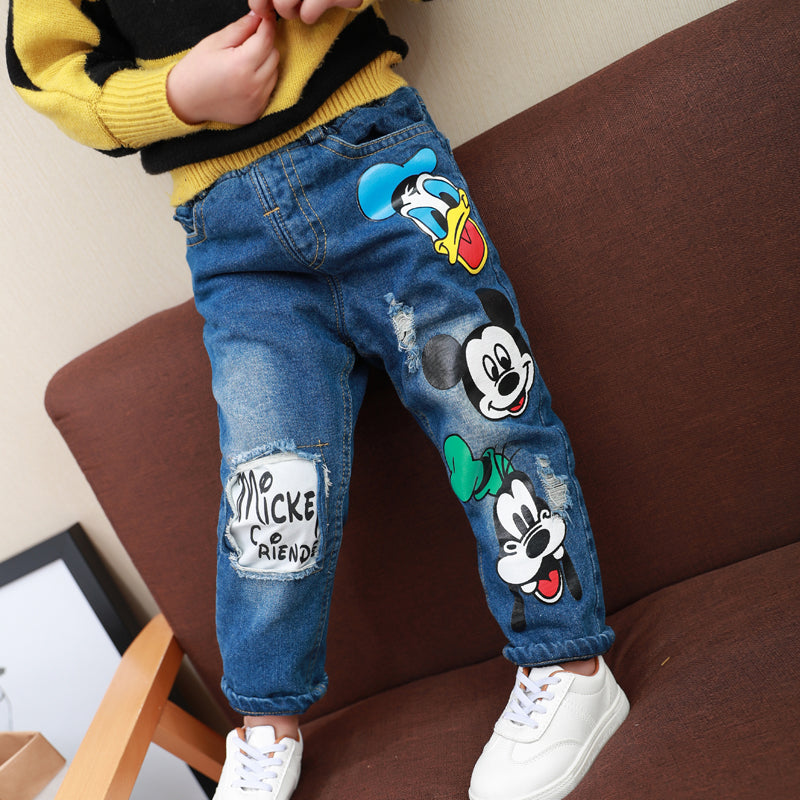 boys and girls jeans children thickening plus velvet pants baby cartoon children's clothing autumn and winter casual jeans