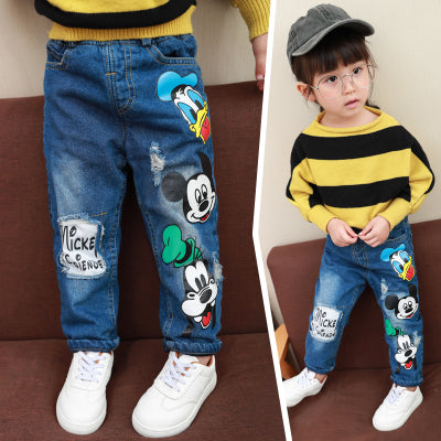 boys and girls jeans children thickening plus velvet pants baby cartoon children's clothing autumn and winter casual jeans