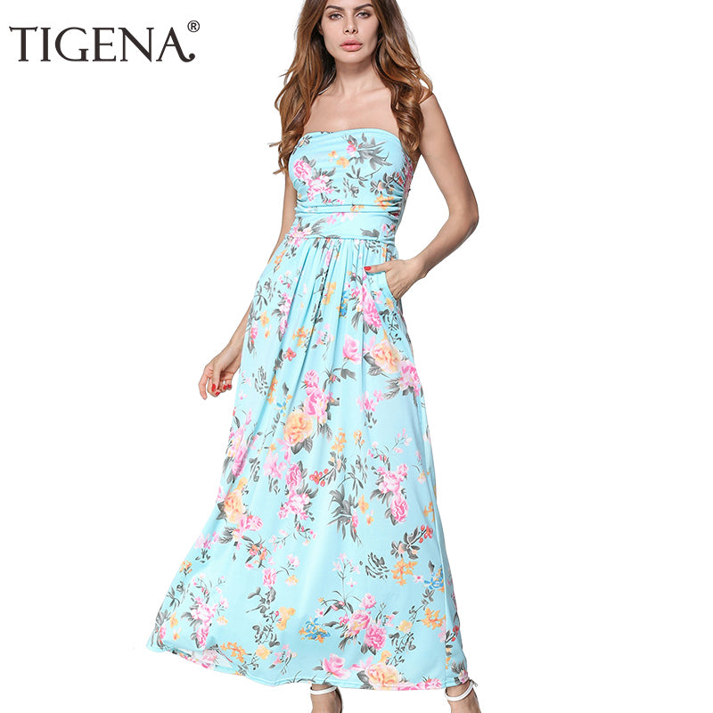 TIGENA Women Summer Dress Strapless Off Shoulder Long Maxi Dress Sundress Women Summer Tunic Boho Beach Dress Robe Femme