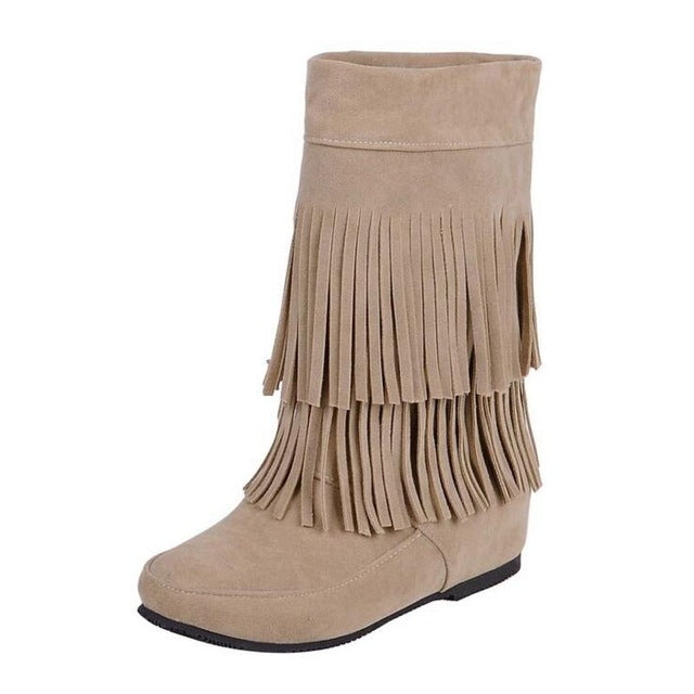 KMUYSL Autumn And Winter Women Tassel Boots Med Heel Shoes Keep Warm Ankle Snow Boots Slip On Height Increasing Shoes