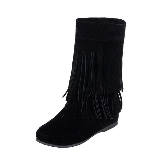 KMUYSL Autumn And Winter Women Tassel Boots Med Heel Shoes Keep Warm Ankle Snow Boots Slip On Height Increasing Shoes