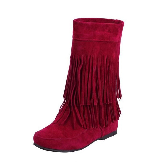 KMUYSL Autumn And Winter Women Tassel Boots Med Heel Shoes Keep Warm Ankle Snow Boots Slip On Height Increasing Shoes