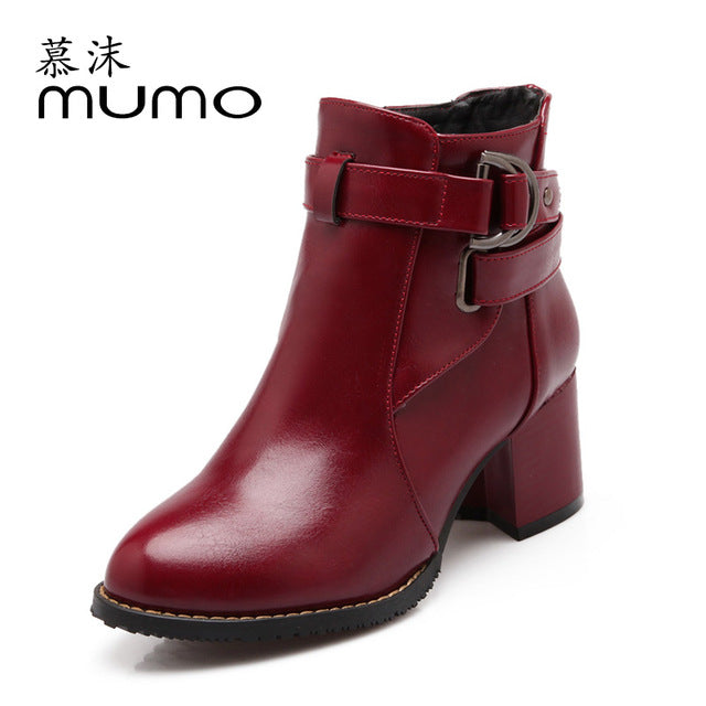 Women's High Heeled Shoes Soft PU Leather Round toe Square Heel Platform Autumn Winter Women Shoes Ankle Boots women boots 038