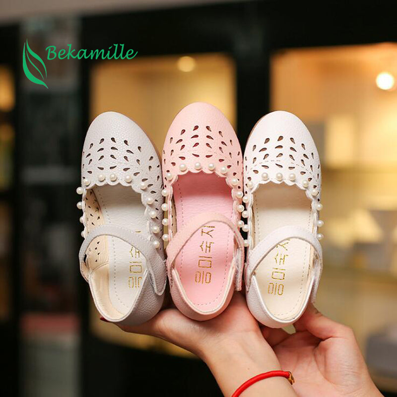 New Girls Shoes leather shoes Cut-outs pearl For Kids Autumn Shoes sweet girls Princess dance shoes sandals