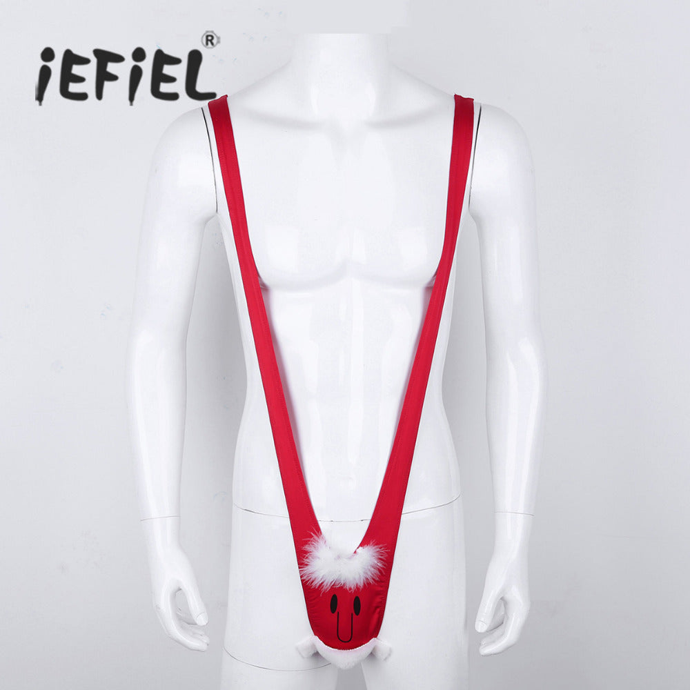 Red Mens One-piece Christmas Santa Face Pattern Mankini Thong Hommes Panties Novelty Costume Underwear for Gag & Pranks Gifts