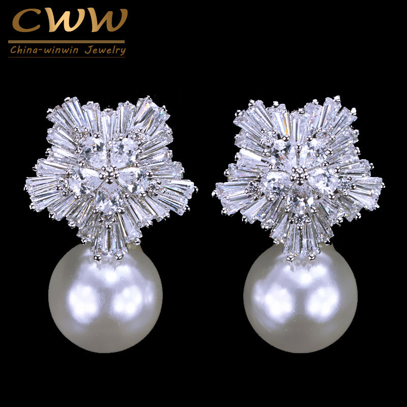 CWWZircons Snow Flower Design Women Big Drop White Pearl Earrings With Cubic Zirconia Christmas Gift