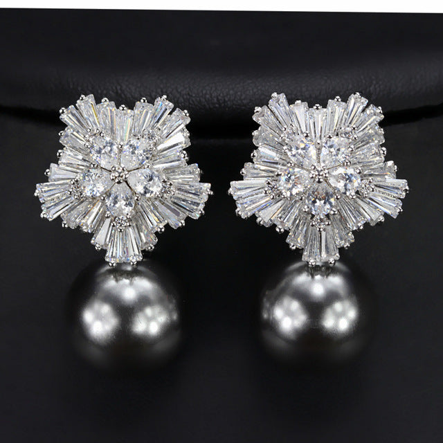 CWWZircons Snow Flower Design Women Big Drop White Pearl Earrings With Cubic Zirconia Christmas Gift