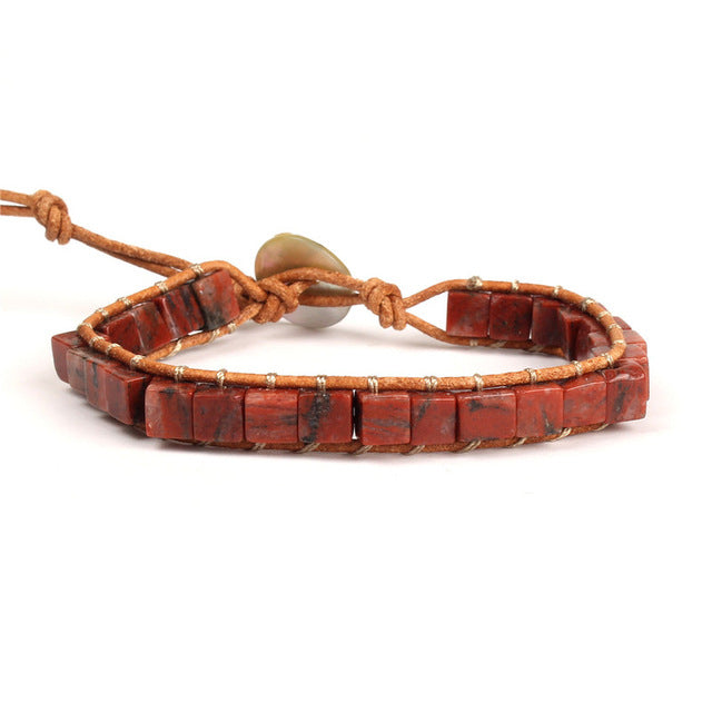 Colorful Dice Shape Natural Stone Single Leather Wrap Bracelet