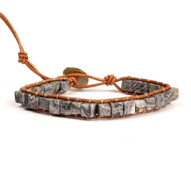 Colorful Dice Shape Natural Stone Single Leather Wrap Bracelet