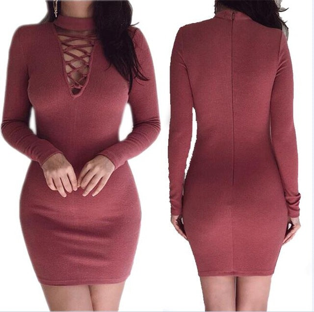 Autumn Dress Knitting Women Dresses Zipper O-neck   Knitted Dress Long Sleeve Bodycon Sheath Pack Hip Dress