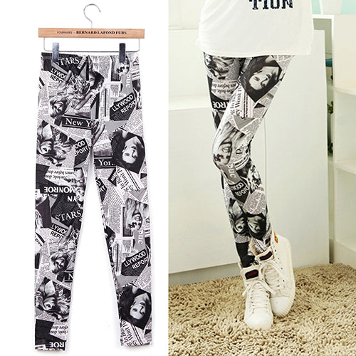 Women Fashion Punk Newspaper Printed Graffiti Stretchy   Pencil Skinny Pants