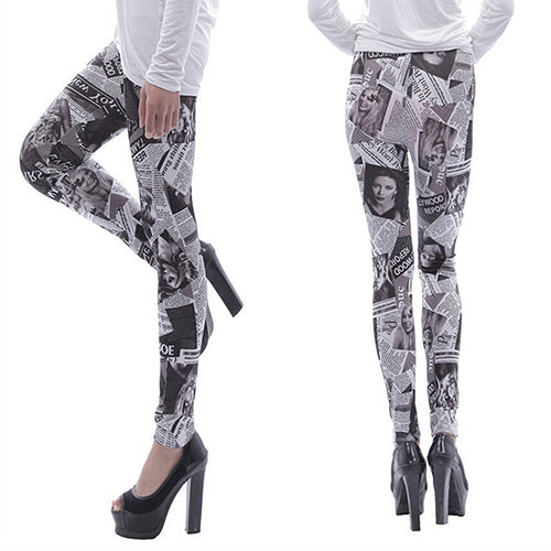 Women Fashion Punk Newspaper Printed Graffiti Stretchy   Pencil Skinny Pants