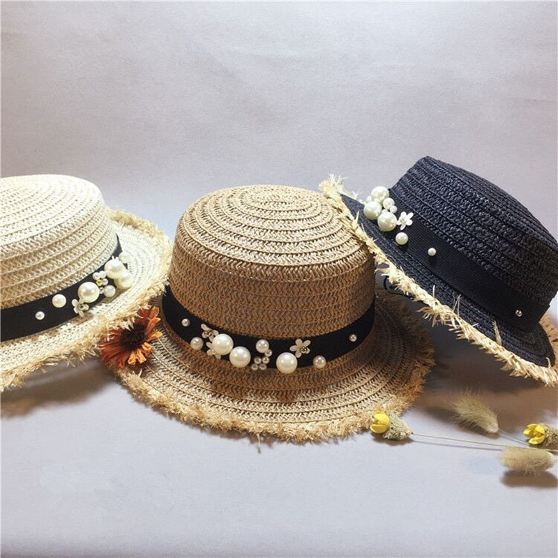 Women's Ruffled Trim Straw Woven Pearl Decorated Beach Hat