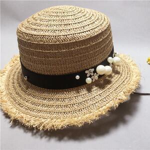 Women's Ruffled Trim Straw Woven Pearl Decorated Beach Hat