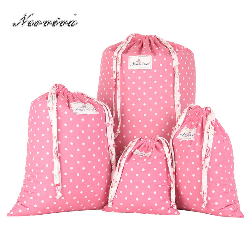 Neoviva Cotton Laundry Bag for Travel with Drawstring Pack of 4 Different Sizes Polka Dots Prism Pink Storage Bags Kit Lavanderi