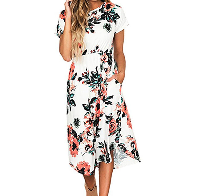 Floral Print Vintage Long Dress Women Short Sleeve O-neck Beach Summer Dresses Casual Loose Party Dress Sundress