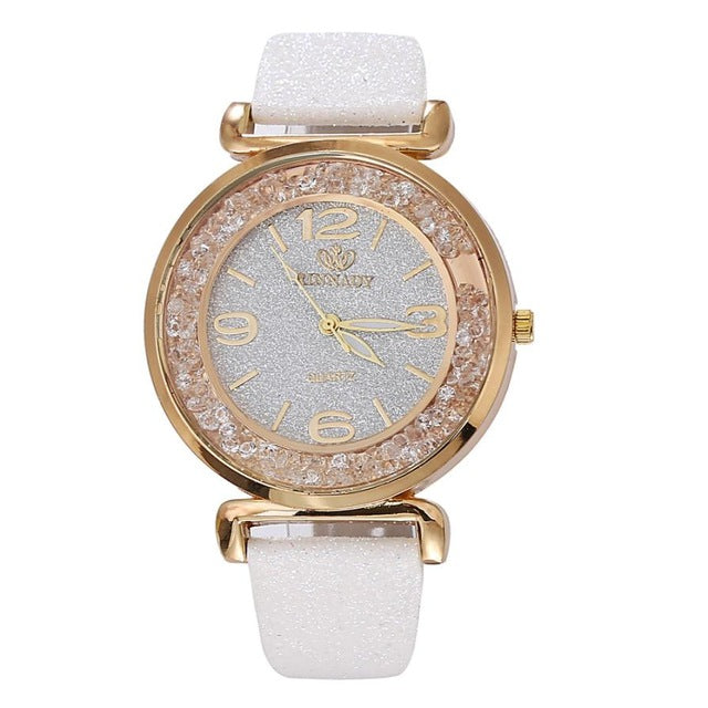 Quartz Wristwatches  Reloj Mujer  PU Leather   Crystal  Watch Women  Luxury  Simple   Round   Watches