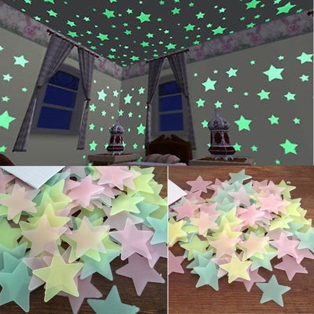 ISHOWTIENDA 100PC 3*3cm Kids Bedroom Fluorescent Glow In The Dark Stars Wall Stickers Kids Bedroom Fluorescent Glow Wall Sticker